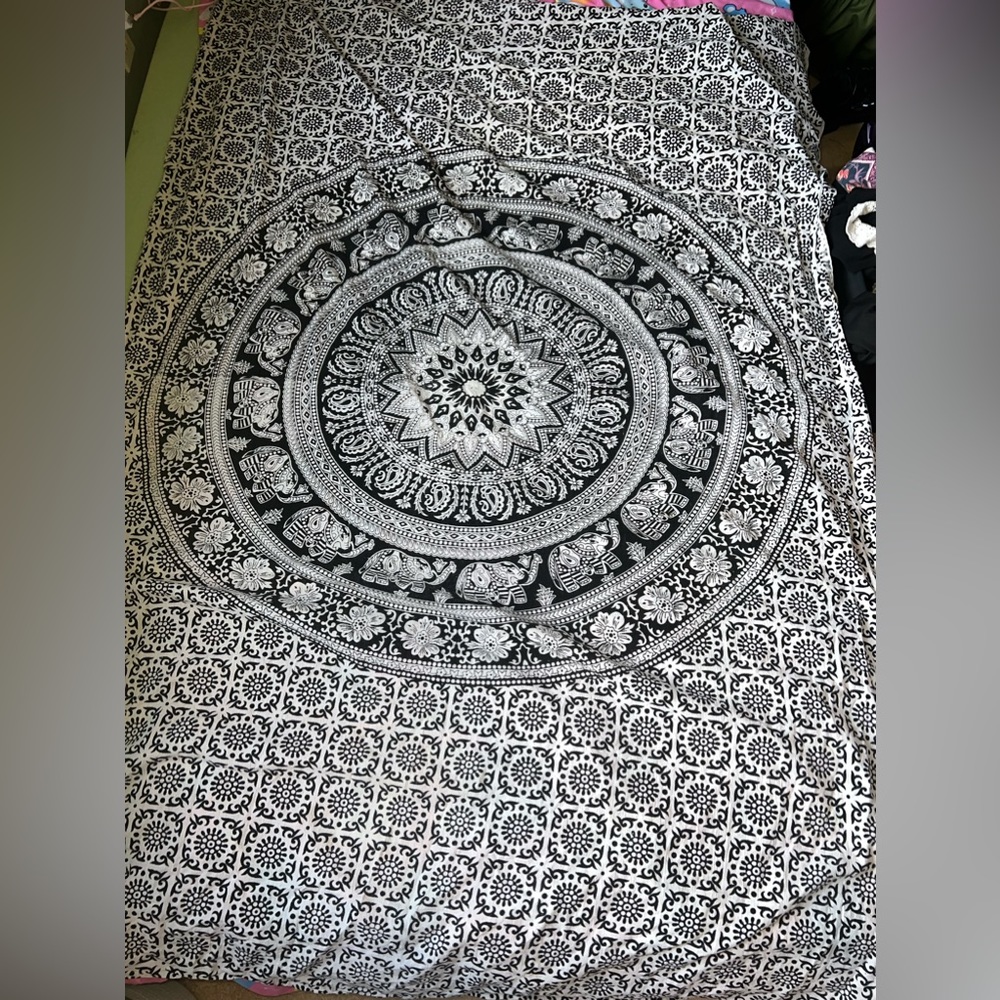 Mandala Tapestry Black and White with Elephants and Flowers